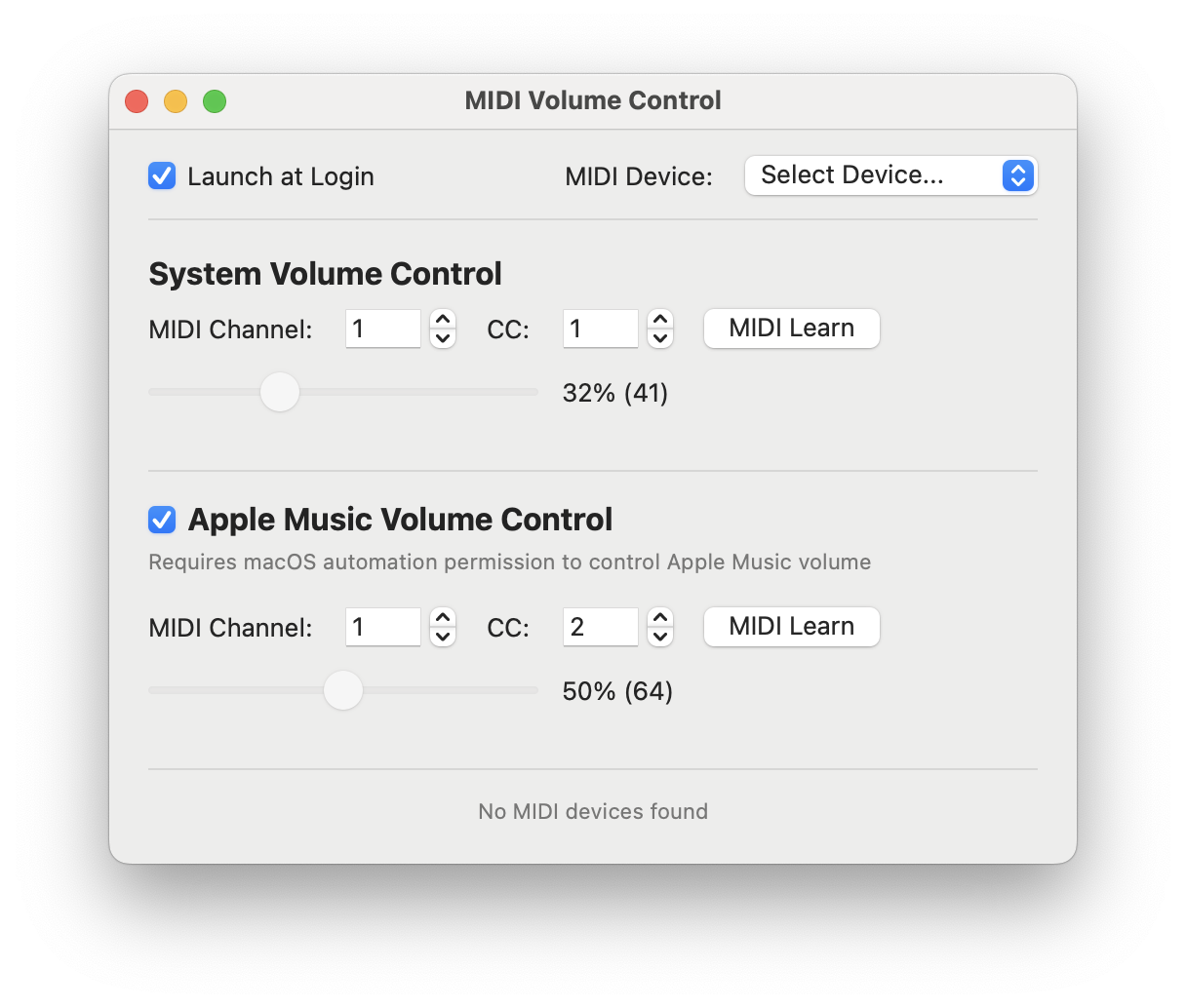 MIDI Volume Control Settings Window